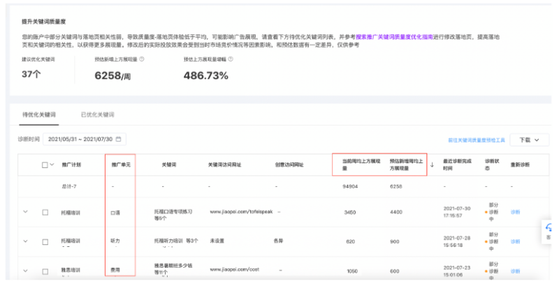 百度关键词广告​：优化中心「提升落地页相关性」建议升级为「提升关键词质量度」建议--全流量上线