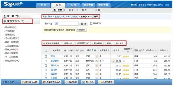 搜狗搜索广告后台中的监控文件夹是什么？它的用处在哪里？如何操作？