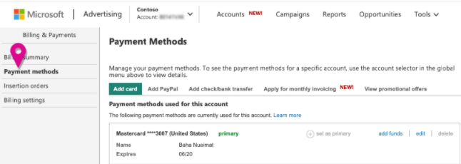 Bing广告推广付款方式页面