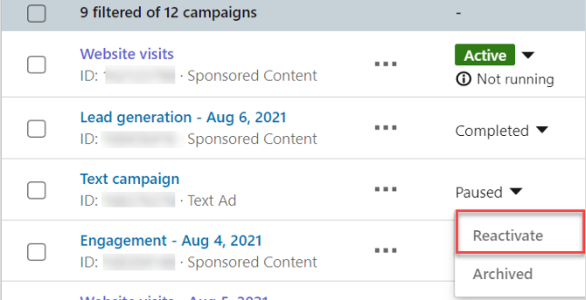 领英广告开户代理——暂停一项活动、重启活动 领英广告开户代理——暂停一项活动、重启活动