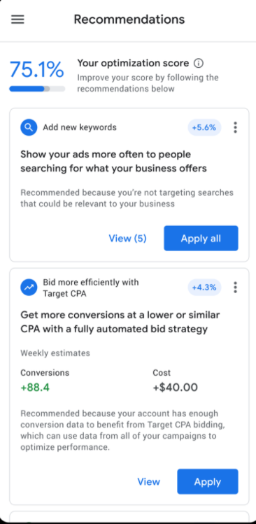 Google Ads 移动应用现可提供优化得分 Google Ads 移动应用现可提供优化得分