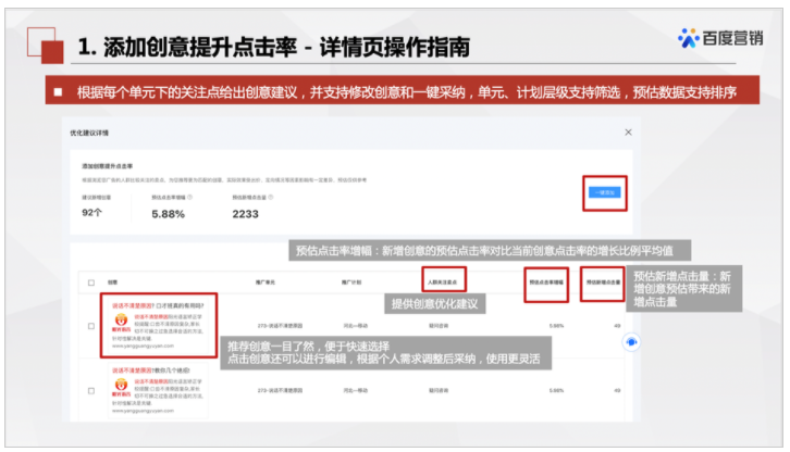 百度营销中心：优化中心添加创意提升点击率卡片--全流量上线